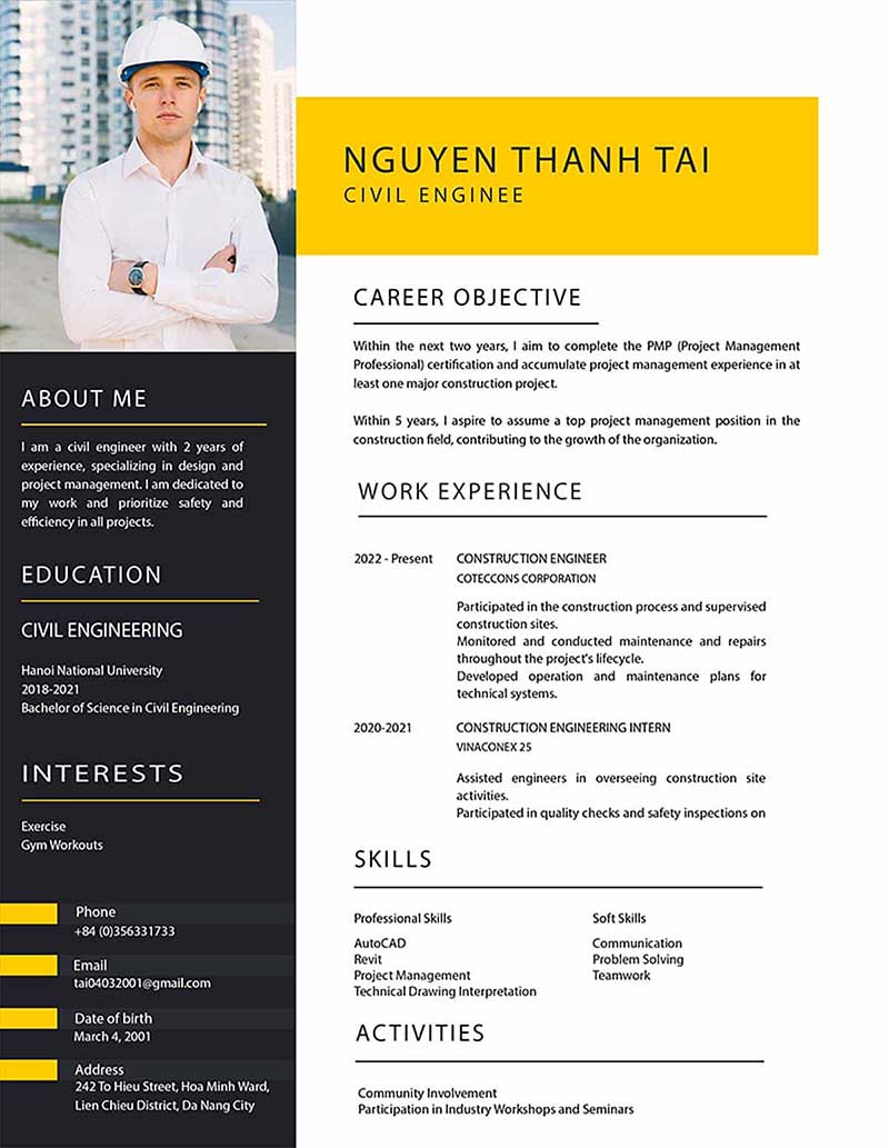 Mẫu CV tiếng Anh ngành xây dựng